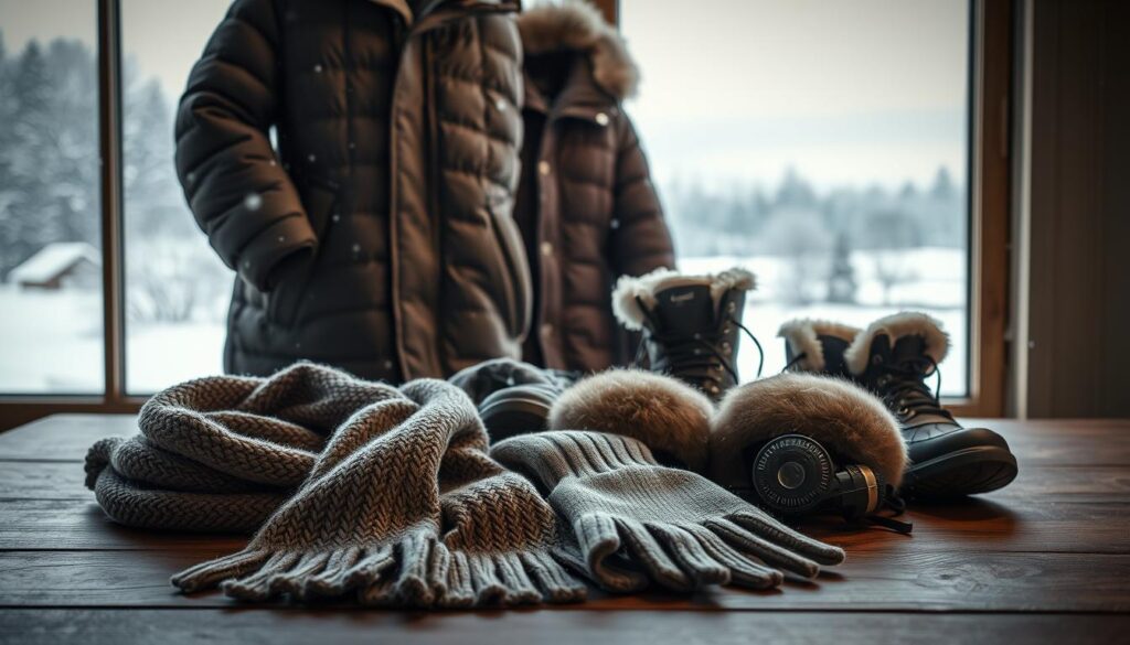 Essential winter clothing for winter weather preparation.
